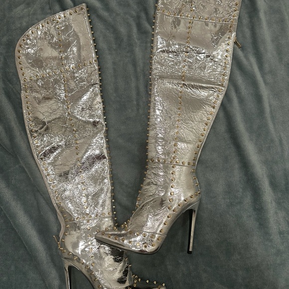 Jennifer Le Shoes - Jennifer Le Silver and Gold Studded Thigh-High Boots